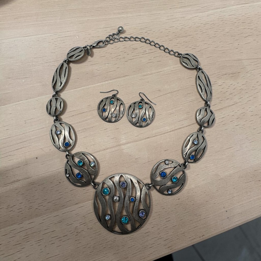 Chicos Silver Tone Blue Rhinestone Wavy Medallion Necklace and Earring Set